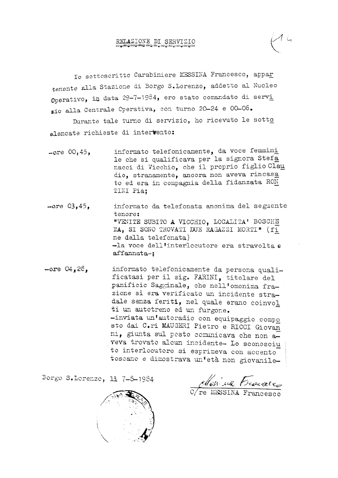 Facsimile fotografico della relazione di servizio del Carabiniere Francesco Messina