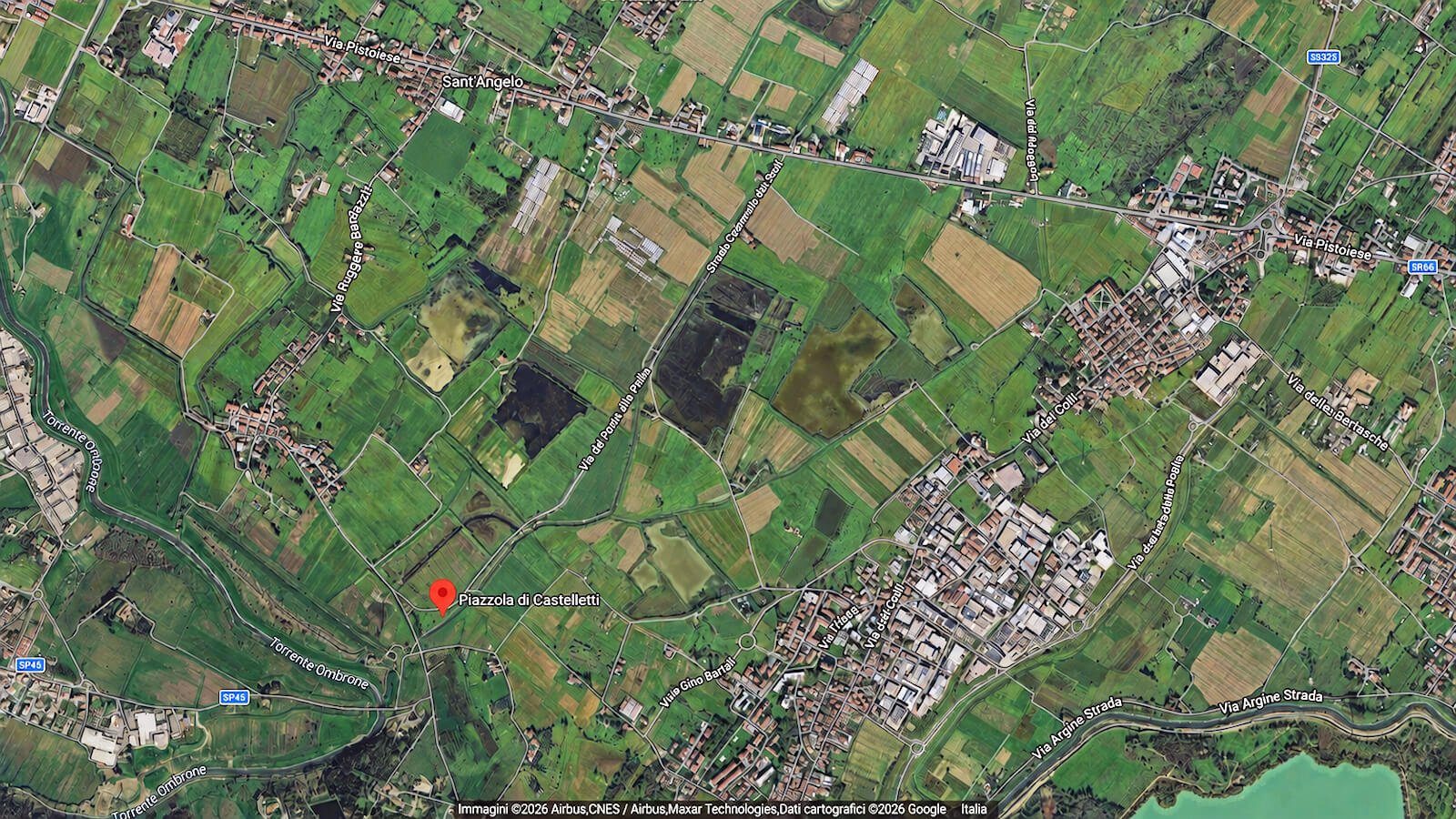 Veduta satellitare dell’area agricola tra la Piazzola di Castelletti e i nuclei abitati circostanti