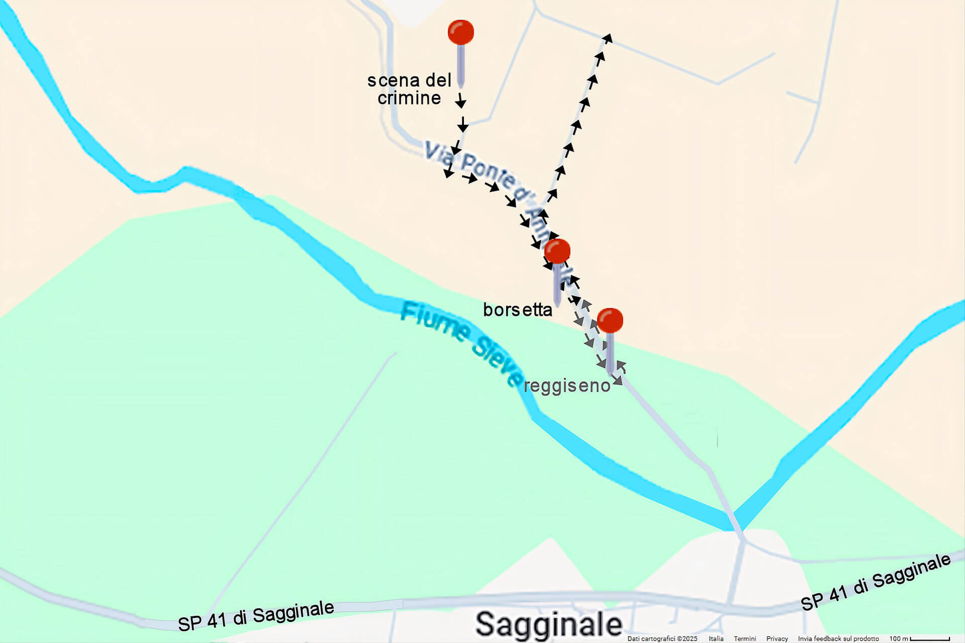 Mappa dell’area del delitto e dei luoghi di ritrovamento della borsetta e del reggiseno (quest’ultimo non documentato negli atti consultati)