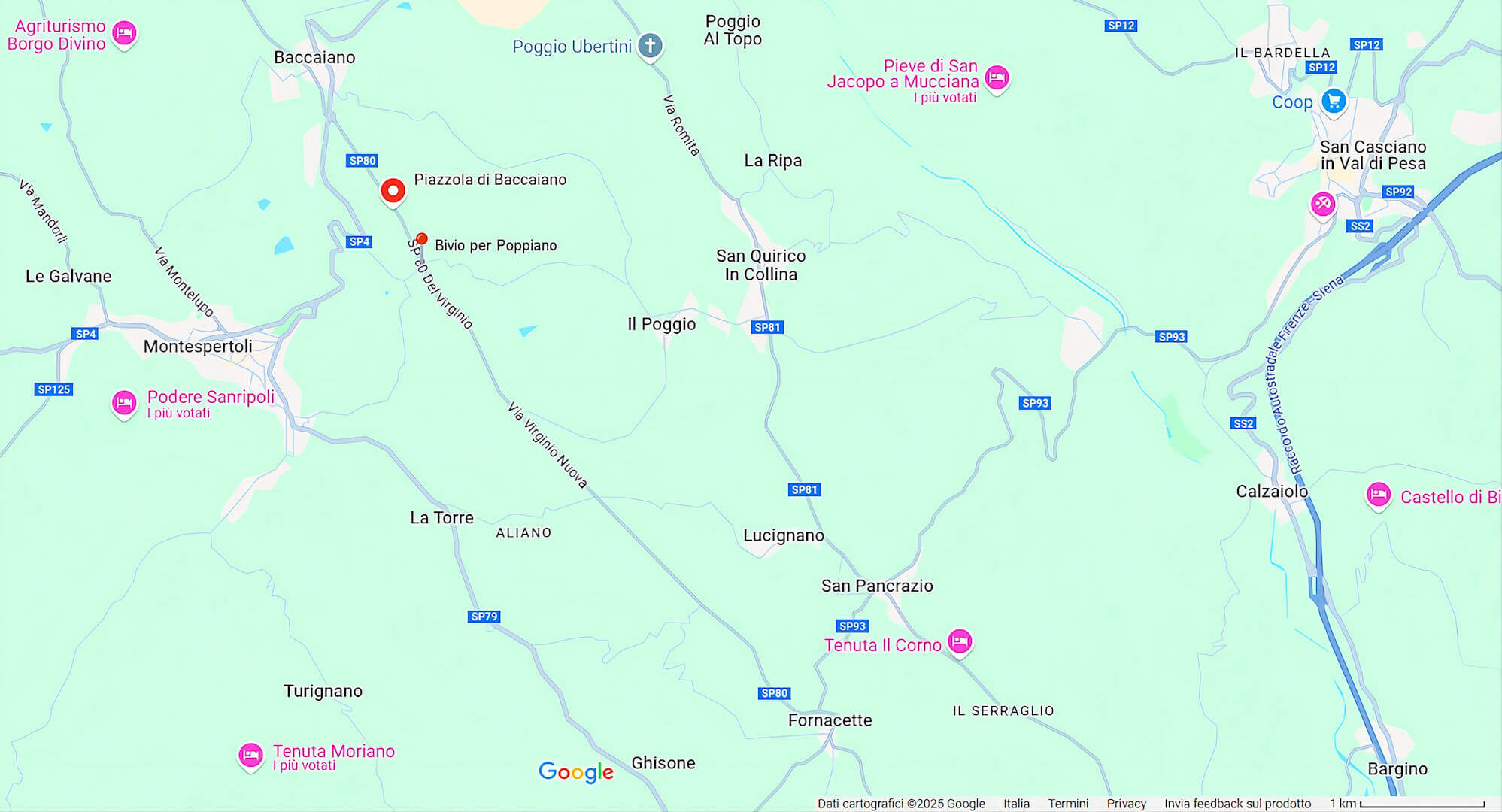 Mappa generale dell’area di Baccaiano (Montespertoli), luogo del duplice omicidio del 19 giugno 1982