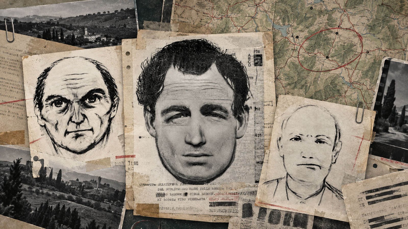 Montaggio illustrativo di tre identikit storici legati alle indagini sul Mostro di Firenze